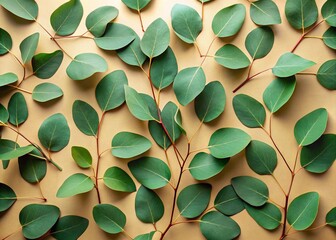 Sustainable Living: Top View Eucalyptus Leaves on Beige Background - Eco-Friendly Stock Photo