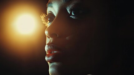 A woman with long lashes and red lips is staring at the camera