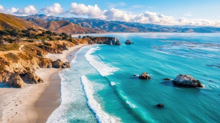 Fototapeta premium Picturesque Turquoise Coastline with Cliffs and Mountains in the Background Under a Cloudy Sky