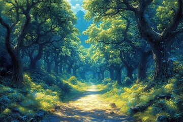 Obraz premium A serene forest path illuminated by sunlight, surrounded by lush greenery and vibrant foliage.