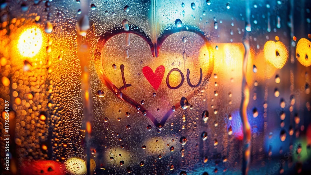 Wall mural Sweaty Glass, Rain, Heart, I Love You - Romantic Window Scene Stock Photo