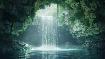 A hidden cave behind a waterfall