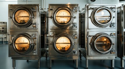 Multiple industrial washing machines and dryers in a commercial laundry facility