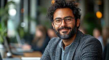 A smiling man with curly hair and glasses sits in a modern office environment, exuding confidence and approachability.