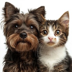 A dog and a cat posing closely together, showcasing their friendship and companionship.