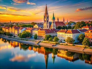 Obraz premium Szeged Hungary Cityscape: High-Resolution Panoramic View of the City's Architecture and River Tisza