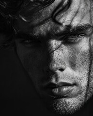 Obraz premium A man with a beard and a dark hair is staring at the camera