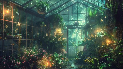 A magical greenhouse at night