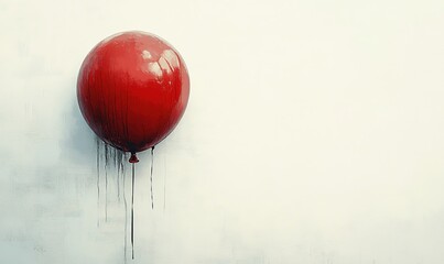 Obraz premium A solitary red balloon with dripping paint against a minimalist white background evokes feelings of isolation and intrigue.