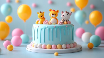 Pastel birthday cake, animal toppers, balloons.