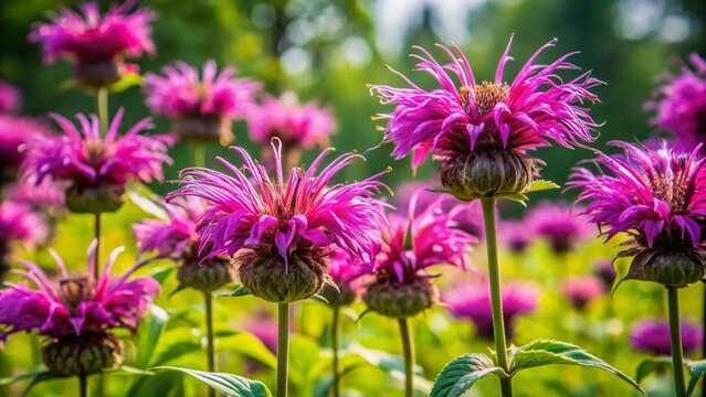 Tall Purple Monarda Flowers in Summer Meadow - Vibrant Wildflower Closeup
