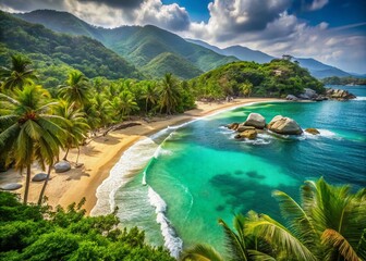 Fototapeta premium Tayrona National Park Colombia: Pristine Beach Scene, Lush Jungle, Caribbean Sea
