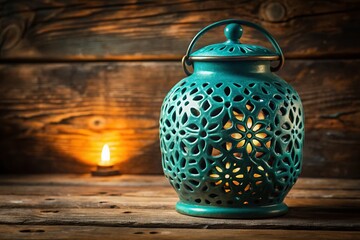 Teal Ceramic Lantern with Intricate Cutout Design on Rustic Wooden Table - Long Exposure Photography