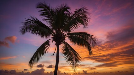 Tropical Sunset Silhouette: Coconut Palm Against a Vibrant Dusk Sky