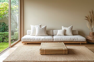Minimalist, modern japandi interior design of a residential living room with beige-lined walls and a sofa and table. Generative AI
