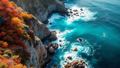 Fototapeta premium Autumn Cliffs Meet the Turquoise Sea, A Coastal Landscape in Transition