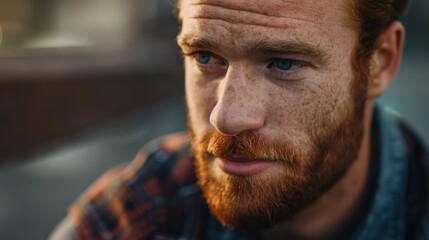 Close-up Portrait of a Thoughtful Young Man with Freckles and Red Beard, Looking Away While Pondering Life, Outdoor Setting on a Softly Blurred Background