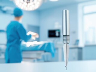 Concept of tracking innovation in healthcare technology. A surgical instrument stands prominently in the foreground, while a medical professional prepares for a procedure in a bright.