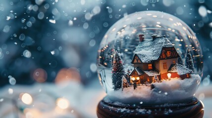 A peaceful moment captured inside a snow globe with a miniature winter village at Christmas time