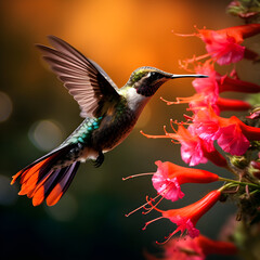 Fototapeta premium Iridescent Hummingbird in Flight: Capturing the Moment of Precision Feeding