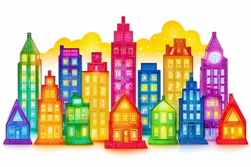 Naklejka premium Colorful city skyline with vibrant houses and whimsical designs