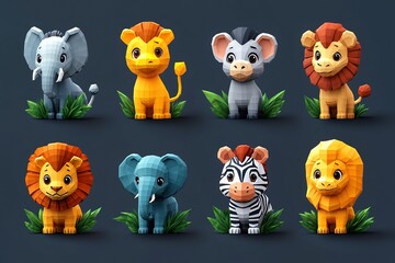 Naklejka premium A colorful collection of stylized animal figures, including elephants, lions, and zebras, set against a dark background.