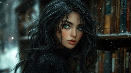 A young woman with striking green eyes and dark hair stands near a bookshelf, surrounded by falling snow.