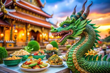 Fototapeta premium Thai Dragon Statue with Delicious Street Food at Nakornsawan Temple Festival