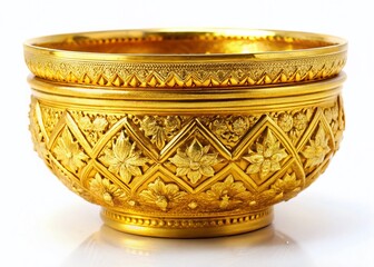Thai Golden Ritual Bowl, Ceremonial Offering Dish, Isolated White Background, Religious Ceremony,  Buddhist Temple Decor