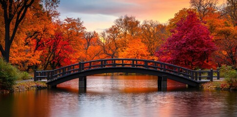 Obraz premium Serene Autumn Scene with Bridge over Calm Water and Colorful Trees
