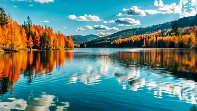 Sunny autumn landscape with trees, clear lake, blue sky
