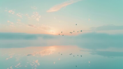 Obraz premium A serene flock of birds gracefully flying over a calm lake during sunrise, with soft reflections on the tranquil water surface.