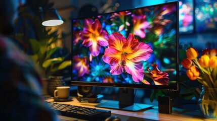 Vibrant Computer Monitor Displaying Colorful Floral Imagery in a Cozy Workspace Setting with Warm Lighting and Lush Greenery