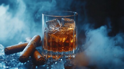 Whiskey on ice with cigars in smoky setting.