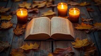 Open book with candles and autumn leaves on wooden table.