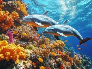 Fototapeta premium Two dolphins swim through vibrant coral reefs teeming with colorful fish in a clear underwater scene.