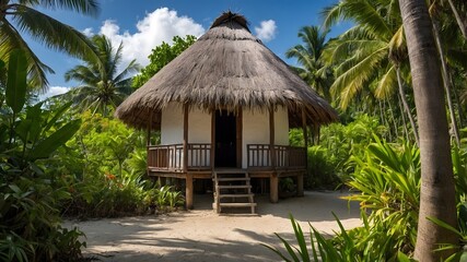 Cultural Serenity: Coconut Palm and Traditional Hut in a Tropical Setting