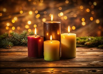 Three Lit Candles on Rustic Wooden Table - Cozy Home Decor Stock Photo