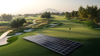 Sustainable Golf Course Concept Featuring Solar Panels and Water Management Solutions for Eco-Friendly Environment