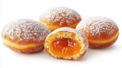Four powdered sugar donuts, one cut open revealing apricot jam filling.