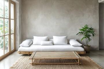Minimalist, modern japandi interior design in the living room with light gray-finished walls and sofas. Generative AI
