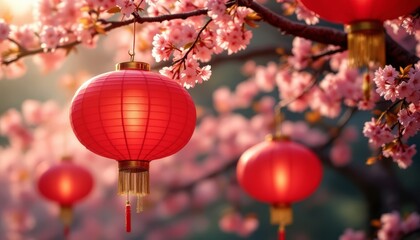 Obraz premium Cherry Blossoms and Red Lanterns Illuminate Springtime Festivities