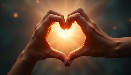 Hands forming a heart shape with glowing light symbolizing love, peace, and unity
