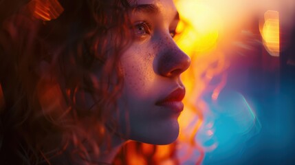 Profile of a young woman with curly hair and freckles gazing thoughtfully into the distance against a vibrant, colorful backdrop with softened bokeh lights.