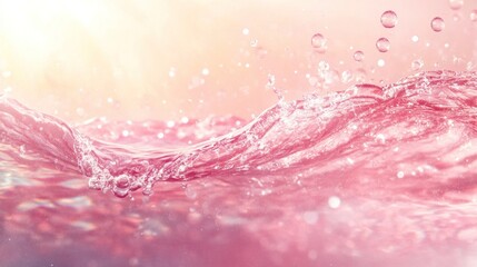 Abstract summer background featuring pink transparent water with soft coral waves, gentle bubbles, and splashes under sunlight, ideal for modern designs with copy space