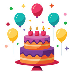 Birthday cake with balloons on white background

