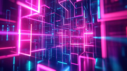 Abstract vaporwave design with a glowing perspective grid in trendy neon colors, evoking a retro-futuristic synthwave atmosphere
