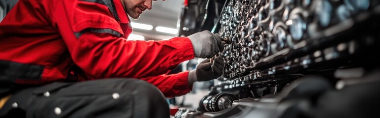 Skilled automotive mechanic in red uniform repairing vehicle engine with various tools and equipment in a well equipped workshop or garage setting
