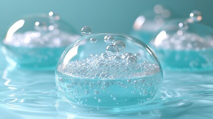 Bubbles in transparent spheres floating on a serene blue surface, creating a calming visual effect.