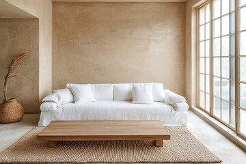 Minimalist, a modern Scandinavian interior design of a residential living room with beige-finished interiors and white sofas and wood tables. Generative AI
